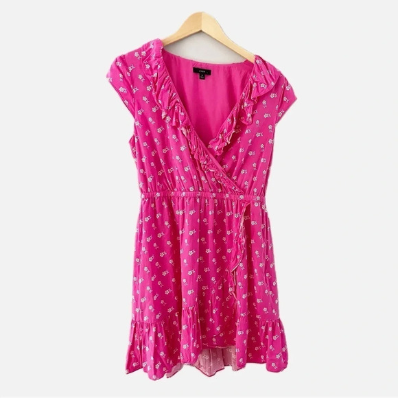 J. Crew Dresses & Skirts - J. Crew V-Neck Ruffle Dress Floral Print Vibrant Pink Fuchsia Midi Dress Size 8